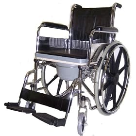 MedMobile All-In-One Chrome Steel Shower / Commode Wheelchair with Flip-up Armrests, Detachable Footrest, Plastic Commode Seat.