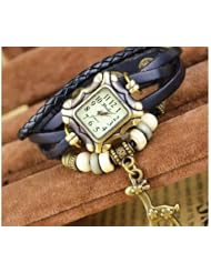 Akezone Leather Quartz Watch Alloy Giraffe and Wooden Beads Bracelet Wrist Watch (Black)