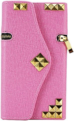Fashion Zipper Mental Spikes Flip Folio Leather Case Wallet Cover for Samsung Galaxy Note 3 with Card Holder (Pink)