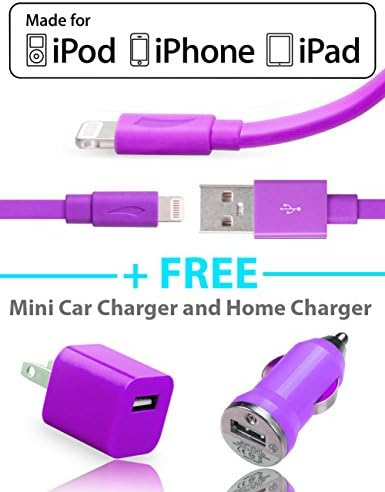 Apple MFI Certified Lightning Cable - 3 in 1 Charging Kit with 1 Amp 5 Watt Made for iPhone 6, 6 Plus, 5s, 5c, 5 Certified APPLE Lightning Cable. IOS 8 Compatible Charge/Sync Cable, Free Mini Wall and Car Charger Purple (APPLE CERTIFIED PURPLE CABLE)