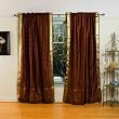 Brown 84-inch Rod Pocket Sheer Sari Curtain Panel (India) - Pair