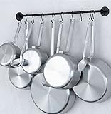 Steel Gourmet Kitchen 24 Inch Wall Rail and 10 S Hooks Set Utensil Pot Pan Lid Rack Storage Organizer Black Color