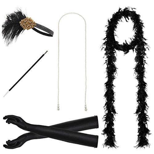 JustinCostume 1920s Accessories Headband Necklace Gloves Cigarette Holder Boa, I