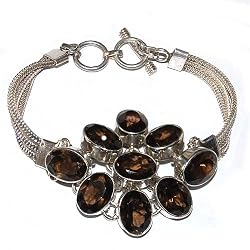 Silver Link Bracelet Smokey Quartz Gemstone Jewelry 8 inches (brclt205)