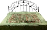 Green Gujarati Stonewashed Bedspread with All-Over Embroidery - Pure Cotton ....