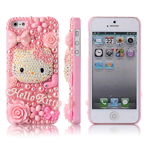 FiveLimit(TM) For Apple iPhone 5 5S 3D Luxury Bling Crystal Pearl Flower Love Pink Hello Kitty Diamond Cover Case (Package includes: 1 X Screen Protector, And Extra Pearls) (Pearl Pink Hello Kitty)