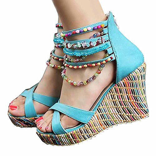 Getmorebeauty Women's Blue Wedge With Pearls Across The Top Platform High Heels
