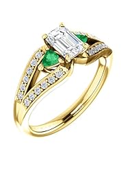 14K Yellow Gold Emerald Cut Diamond and Emerald Ring -- LIFETIME WARRANTY