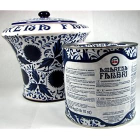 Amarena Fabbri Ceramic Serving Crock Vase with Serving Spoon and Amarena Fabbri Cherries (7 Pound 1 Ounce Tin)