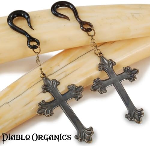 Horn &amp; Brass Fluer-Di-Lis Cross Dangle Earrings 00 Gauge (10mm) - Pair