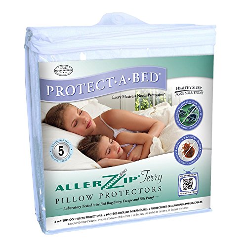 Protect-A-Bed Allerzip Terry Water/Bedbug Proof Pillow Case, Queen, 2-Pack