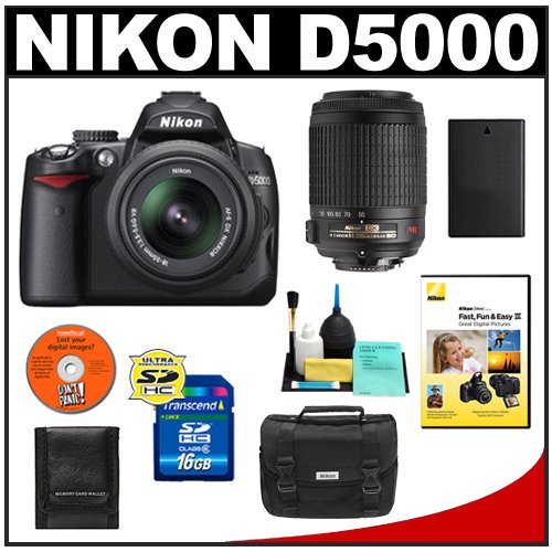 Nikon D5000 Digital SLR Camera with 18-55mm VR Lens + 55-200mm VR Zoom Lens + 16GB Memory Card + Spare EN-EL9 Battery + Case