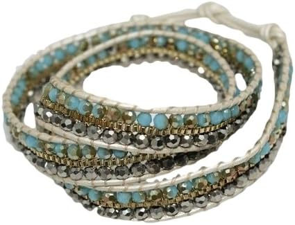 Ivory 3X Wrap Bracelet w/ Double Row Teal Blue, Smokey Gray Sparkling Stones, Gold Metal Accents, 21 In
