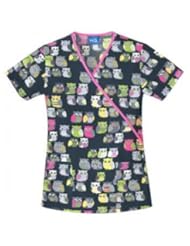 Apparel: Cherokee HQ 100% Cotton Mock Wrap Scrub Top-Owl Be There, X-Large - Cherokee