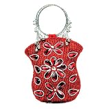 Bougainvillea Evening Bag-Red w/Clear Stones and Ring Handle