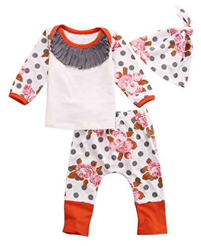 Newborn Baby Kids Girls Flower Print Polka Dots Tops+Pant+Hat Outfits 3pcs (0-3 Months, White)