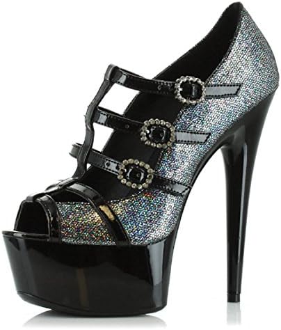 Sparkly Peep Toe Pumps with Pewter Sequins and T-Strap Closure Womens 6'' Heels Size: 7
