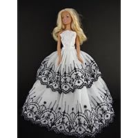 White Ball Gown with Black Accented Lace Made to Fit the Barbie Doll