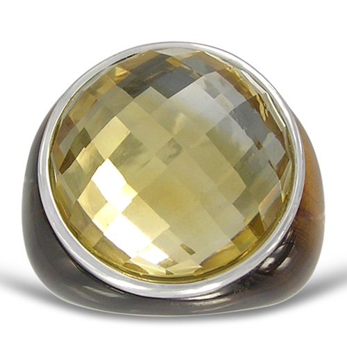Sterling Silver 17 Carat Citrine Stone on Carved Tiger-Eye Ring, Size 7