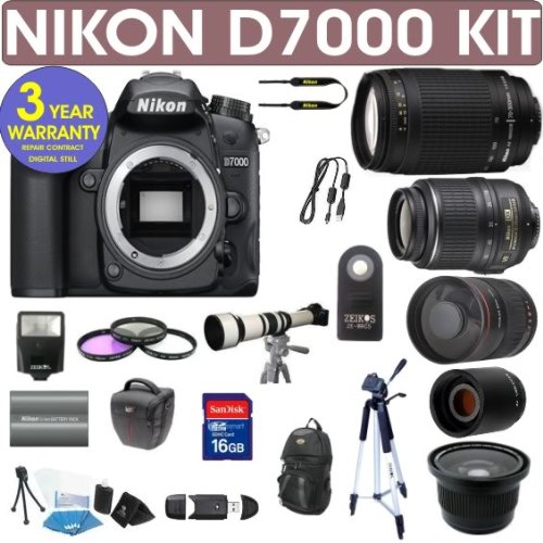 REFURBISHED Nikon D7000 Digital Camera + Nikon 18-55mm VR Lens + Nikon 70-300mm Lens + .40x Wide Angle Fisheye Lens + 650-1300mm Zoom Lens + 800mm Mirror Lens + 2x T-Mount Telephoto Lens + 3 Year Celltime Warranty Warranty
