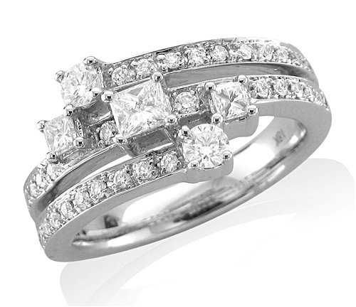 18k White Gold Round and Princess-Cut Diamond Anniversary Ring / Band, Size 7 (G-H, SI, 0.85 carat)