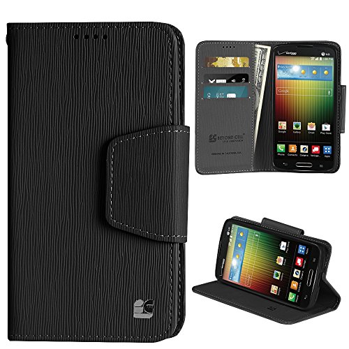 Spots 8 LG Lucid 3 VS876 Luxury Flip Premium PU Leather Folio Cover Wallet Phone Case With Built-in Media Stand and ID Credit Card Slots - Black/Black - Retail Packaging