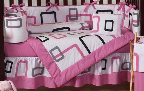 Contemporary Pink and Black Geometric Modern Baby Girl Bedding 9pc Crib Set by Jojo Designs