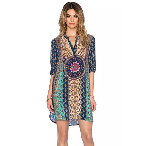 Women Chiffon Dress, Misaky Ladies 3/4 Sleeves Vintage Print Loose Dress