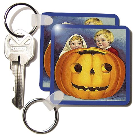 Vintage Halloween Jack o Lantern with Girl and Boy - Set Of 2 Key Chains