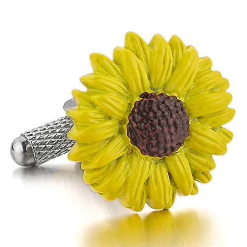 Men's 2PCS Rhodium Plated Cufflinks Yellow Flower Sunflower Shirt Wedding Business 1 Pair Set Unique