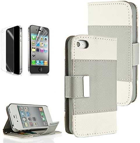 iPhone 4 case, iPhone 4S case, Moreyoulike Wallet PU Leather Case stand magnetic closure with Credit ID Card slot Holder Cover Pouch with free screen protector (Wide_Gray+White)