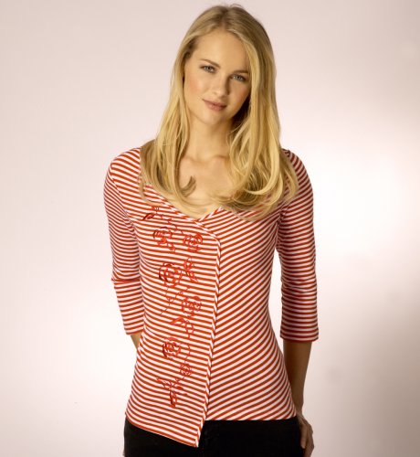 Per Una 3/4 Sleeve Stripe Embroidered Floral Top clothing