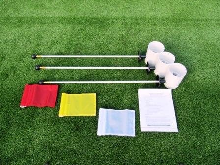 Golf Practice Putting Green - Natural or Synthetic - Deluxe Accessory Kit - (3) Bright White Plastic 6" Deep Regulation Cups + (1) Solid Red Jr Flag + (1) Solid Yellow Jr Flag + (1) Solid White Jr Flag + (3) 30" White Fiberglass Pin Markers with Ball Lifter Disk