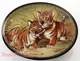 FEDOSKINO Lacquer TRINKET Box LOVING TIGER CUB Signed! [Size: 5 x 3 inches (10 x 7.5 cm). Materials: papier-mache, egg tempera, flax oil, lacquer. Hand crafted and painted. Artist: A. Gorbacheva] [This NEW box is painted in the Fedoskinsko style, a traditional form of miniature painting with oil paints on papier-mache, which began towards the end of the 18th century in Fedoskino, near Moscow. Early Fedoskino artists began working with transparent glaze paints, the brightness of which is strengthened by its contrast with the glimmering black lacquered background. They perfected their skills over a few generations, until the masters were able to combine the composition of their paintings with the form of the item. Their efforts and gorgeous, shimmering results have made Fedoskino miniatures popular not just in Russia, but in Europe as well]