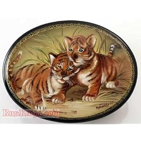 FEDOSKINO Lacquer TRINKET Box LOVING TIGER CUB Signed! [Size: 5 x 3 inches (10 x 7.5 cm). Materials: papier-mache, egg tempera, flax oil, lacquer. Hand crafted and painted. Artist: A. Gorbacheva] [This NEW box is painted in the Fedoskinsko style, a traditional form of miniature painting with oil paints on papier-mache, which began towards the end of the 18th century in Fedoskino, near Moscow. Early Fedoskino artists began working with transparent glaze paints, the brightness of which is strengthened by its contrast with the glimmering black lacquered background. They perfected their skills over a few generations, until the masters were able to combine the composition of their paintings with the form of the item. Their efforts and gorgeous, shimmering results have made Fedoskino miniatures popular not just in Russia, but in Europe as well]