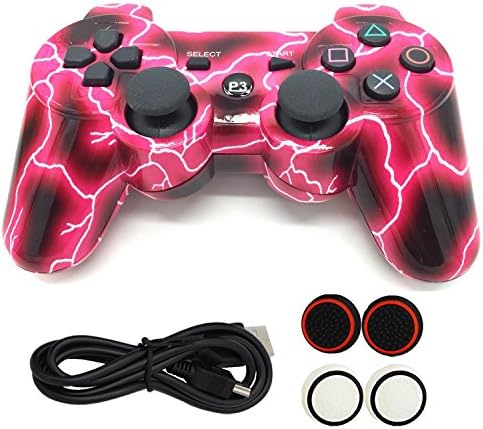 Kinvida PS3 Six Axis Double Vibration Bluetooth Wireless Vedio Game Controller Gamepad , with USB Charging Cable for Sony Playstation 3 (Red Lightning)