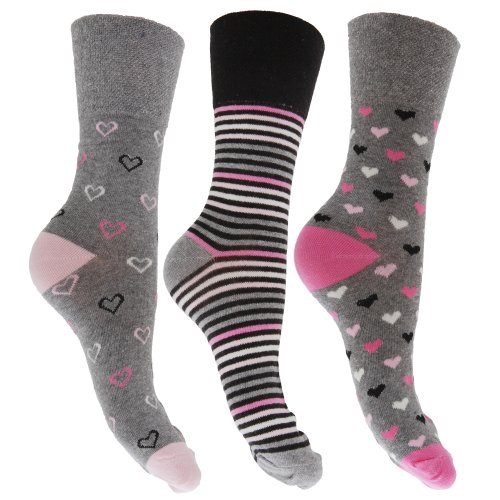 Womens/Ladies Cotton Rich Striped/Heart Print Socks With Non Elastic Top (3 Pairs)