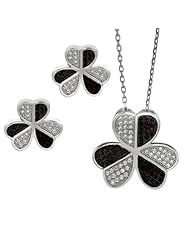 BRI Jewelry Sterling Silver Black and White Flower Shape With Clear Micropave Cubic Zirconia Set - Pendant - Earring
