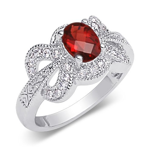 Glamourous 1.00 carat total weight Oval Shape Checker Board Garnet & White CZ Size 6 Gemstone Ring in Sterling Silver