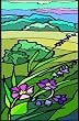 Purple Wildflowers with Hills & Grass - Etched Vinyl Stained Glass Film, Static Cling Window Decal