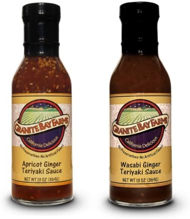Granite Bay Farms Apricot Ginger Teriyaki and Wasabi Ginger Teriyaki Sauce (2 Bottle) Sampler, 2-Count, 13-Ounce Bottles