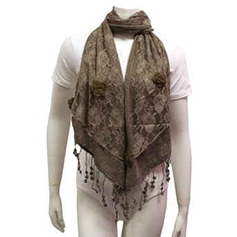 Gray Taupe Layered Crocheted Knit Lace Rosette Scarf Wrap
