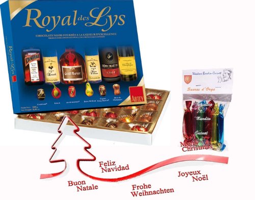 french 24 liquor filled dark chocolates royal lily 240 gr-24 chocolats noirs fourrés à la liqueur royal des lys ABTEY + 1 bag of barley sugar Théodore Bardin-Cuinet