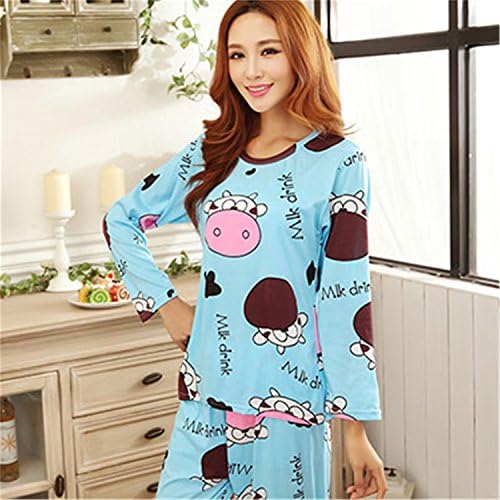Xiaotuzai Natural Cartoon Women Pajamas Sets 2016 Cotton Autumn&amp;winter Long Sleeve Nightgown Girls Pajamas Sets Hello Kitty Style Clothing cow blueL Comfortable