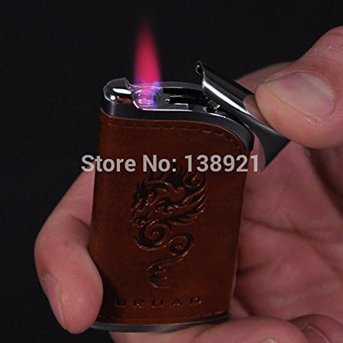 Cool Embossed Pattern Design PU Leather &amp; Metal Windproof Gas Refillable Cigar Cigarette Lighter Butane Torch Random