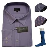 Mens Eterno Italy long sleeve dress shirt, 2 ties and socks set. Neck Size: 19.5 - Very high quality 4 pieces set featuring a full button up dress shirt with impeccable style and cutting, 2 matching ties and a pair of socks. Great designer set to wear for work or various formal occasions.