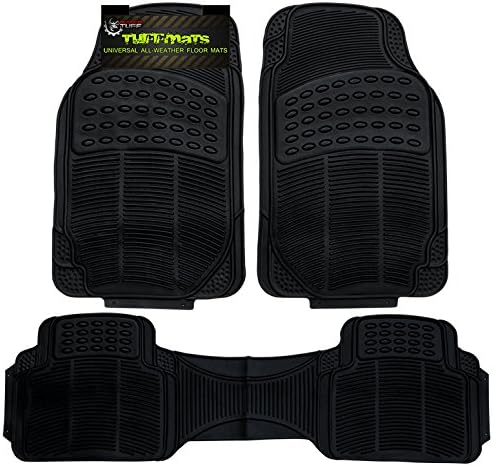 TUFFMATS 3-Piece 3PC Black Universal Trim-Fit Floor Mat Covers Durable for Any Weather and Odor Resistant with Dirt &amp; Debris Pockets fits All Automobiles by Rugged TUFF