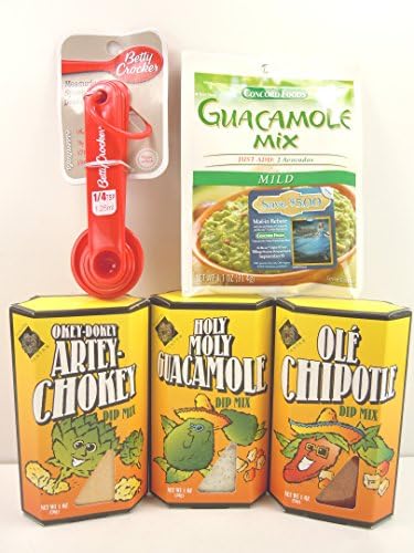 Plentiful Pantry Dip Mix Bundle: Ole' Chipotle,Holy Moly Guacamole,and Okey-Dokey Artey-Chokey 3-pack,with Concord Foods Guacamole mix and Betty Crocker Measuring Spoon Set.