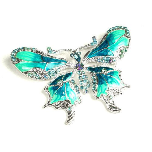 Blue Austrian Rhinestone Butterfly Design Silver-Tone Brooch Pin