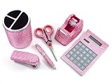 6 Piece Pink Crystal Office Supply Set: Pen Holder, Scissors, Calculator, Pen, Tape Dispenser & Stapler